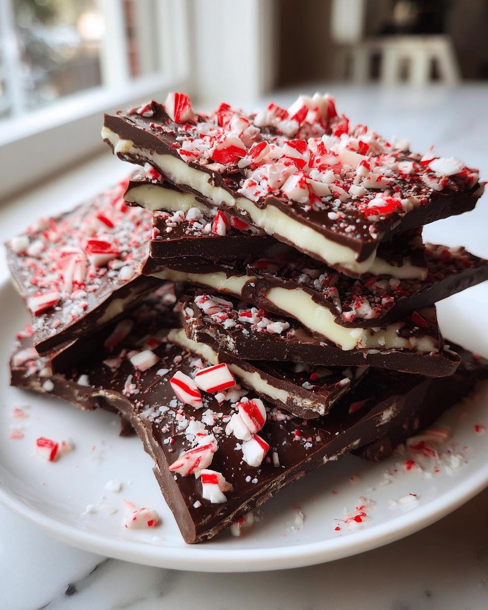 A stack of broken pieces of Chocolate Peppermint Bark showing dark chocolate, white filling, and crushed candy canes.