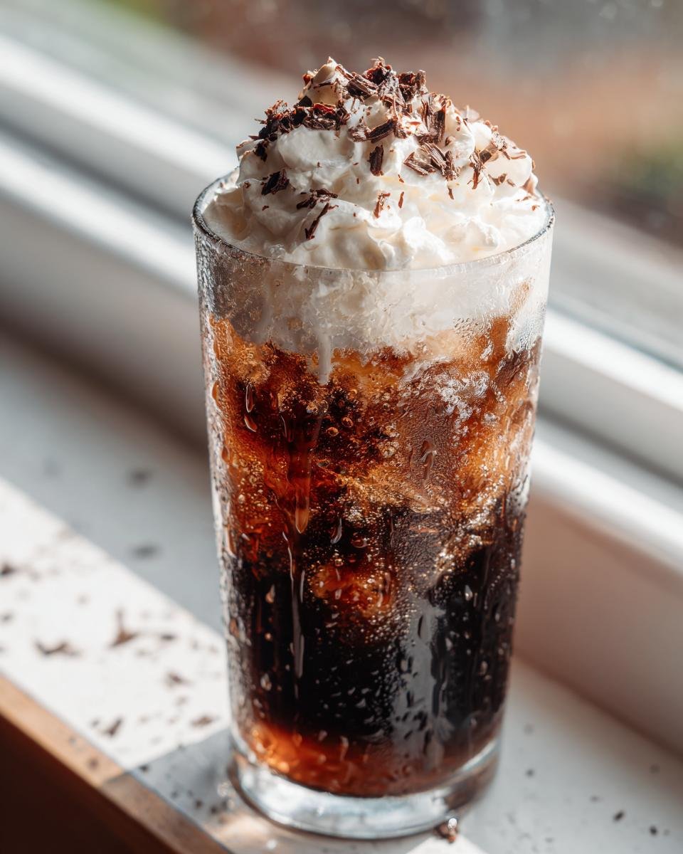 Close-up of a tall glass containing a fizzy Chocolate Peppermint Mocktail topped with whipped cream and chocolate shavings.