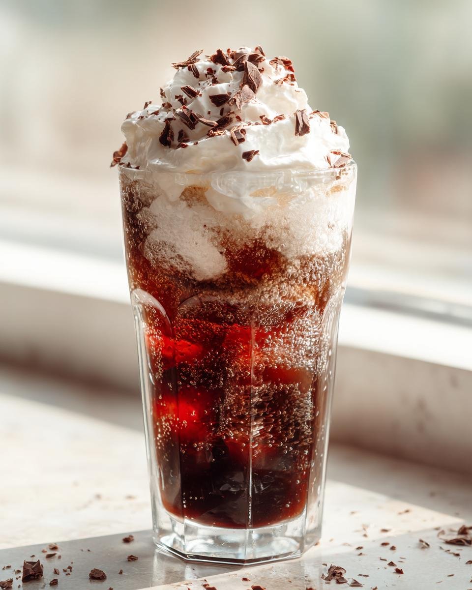 A tall glass filled with a bubbly Chocolate Peppermint Mocktail, topped with whipped cream and chocolate shavings.