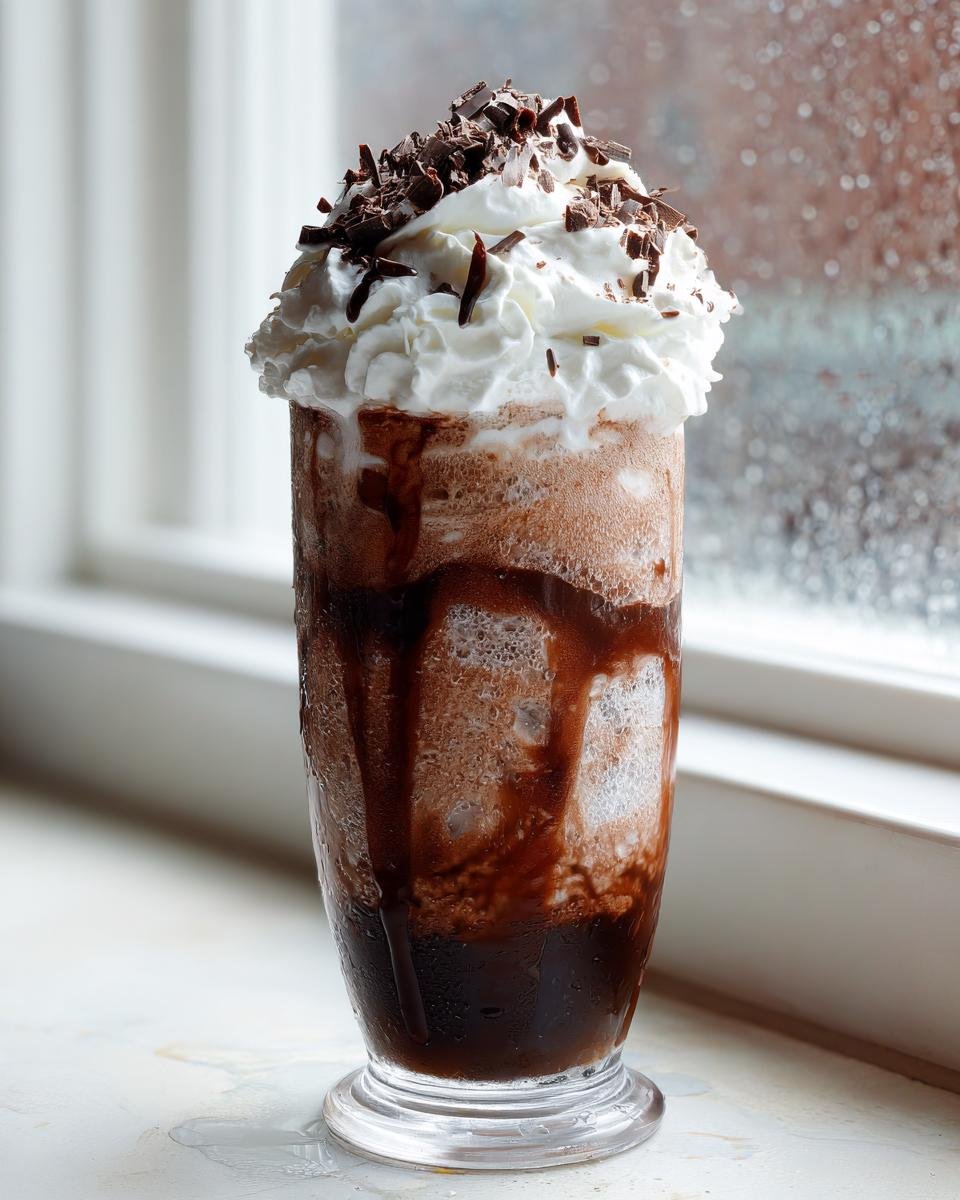 A tall glass of a rich Chocolate Peppermint Mocktail, layered with chocolate syrup, topped with whipped cream and chocolate shavings.
