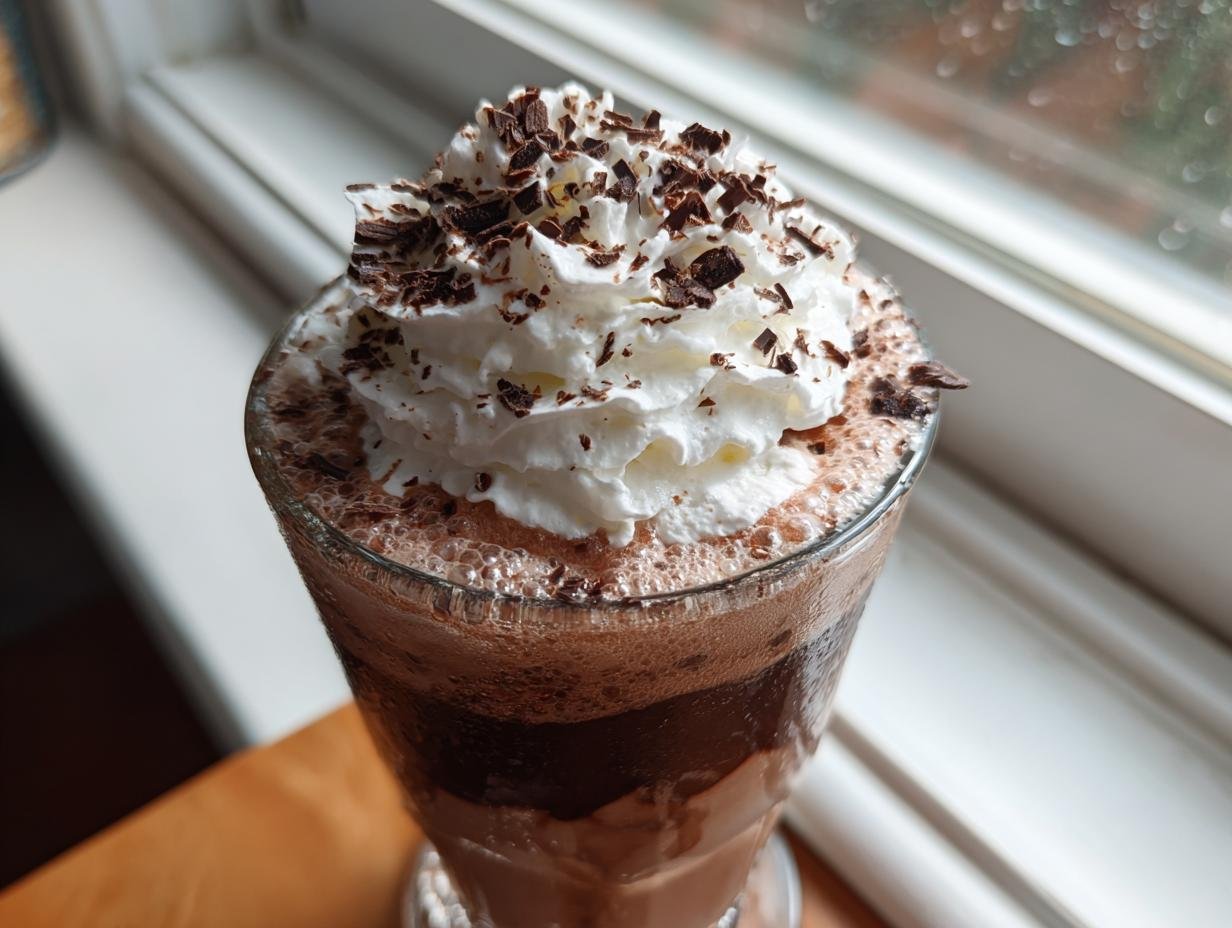 Close-up of a rich Chocolate Peppermint Mocktail topped with whipped cream and chocolate shavings.