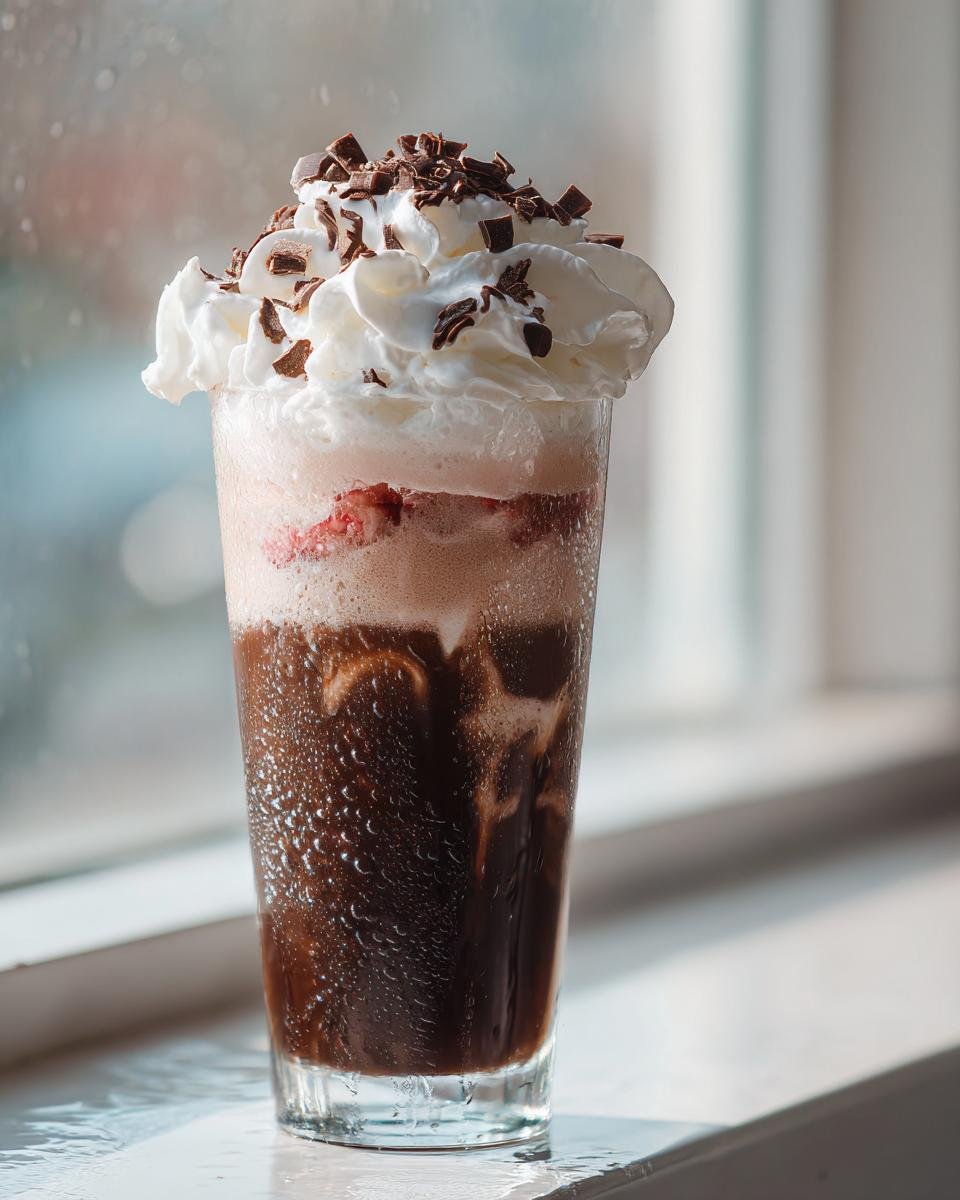 A tall glass of Chocolate Peppermint Mocktail topped with whipped cream and chocolate shavings, sitting on a sunny windowsill.