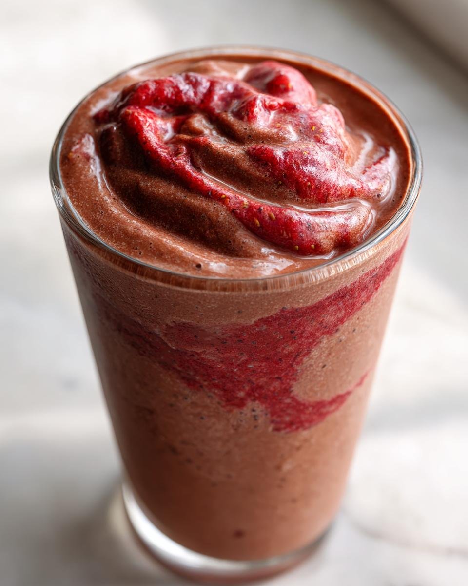 Close-up of a delicious Chocolate Strawberry Protein Smoothie swirled with strawberry puree.