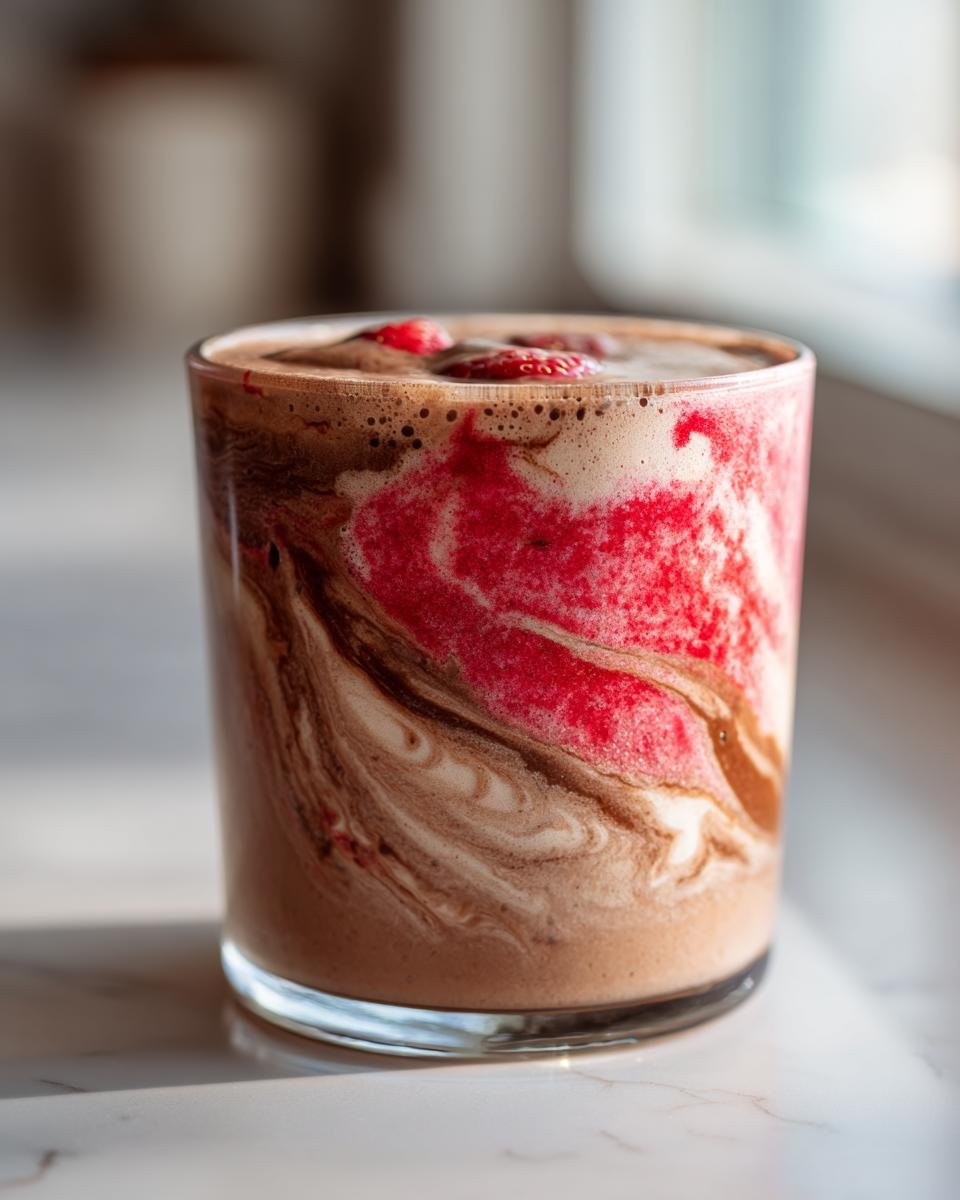 A close-up of a glass filled with a swirled Chocolate Strawberry Protein Smoothie, topped with fresh strawberries.