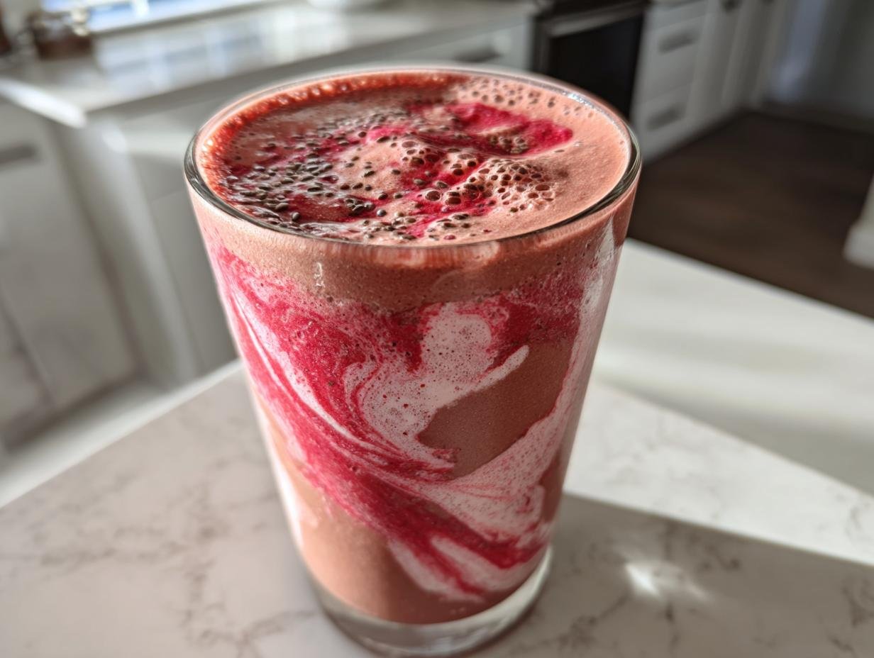 A refreshing Chocolate Strawberry Protein Smoothie swirled with berry puree and topped with chia seeds.