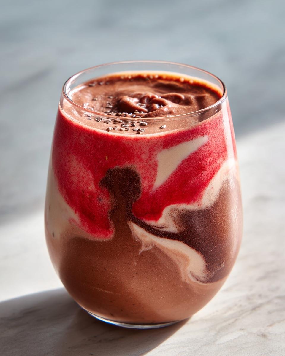 A vibrant Chocolate Strawberry Protein Smoothie with distinct swirls of red strawberry and brown chocolate flavors, topped with chia seeds.