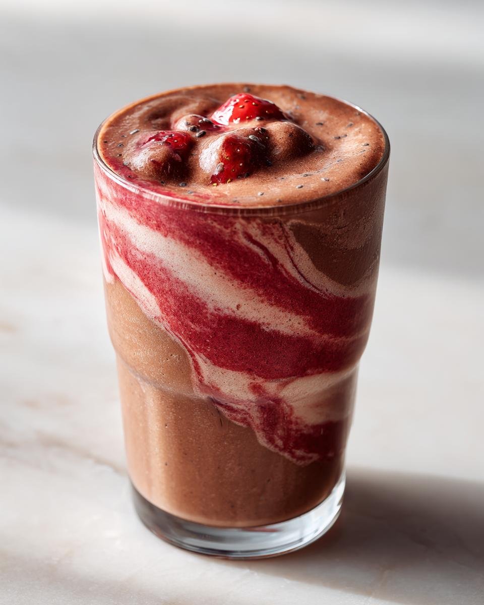 A tall glass filled with a swirled Chocolate Strawberry Protein Smoothie, topped with fresh strawberries.