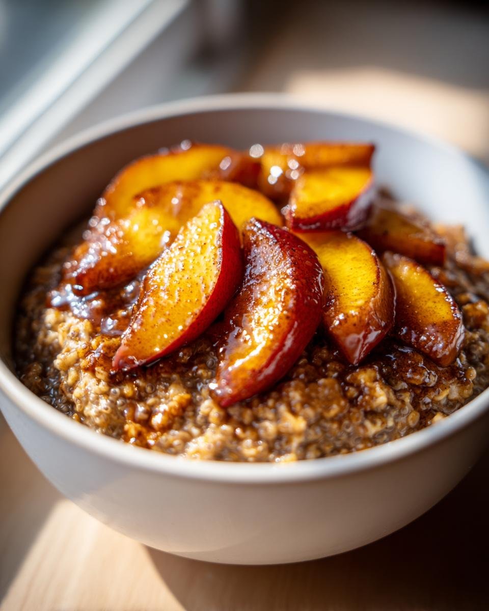 Close-up of Cinnamon Chia Oatmeal With Caramelized Apple slices in a light bowl.