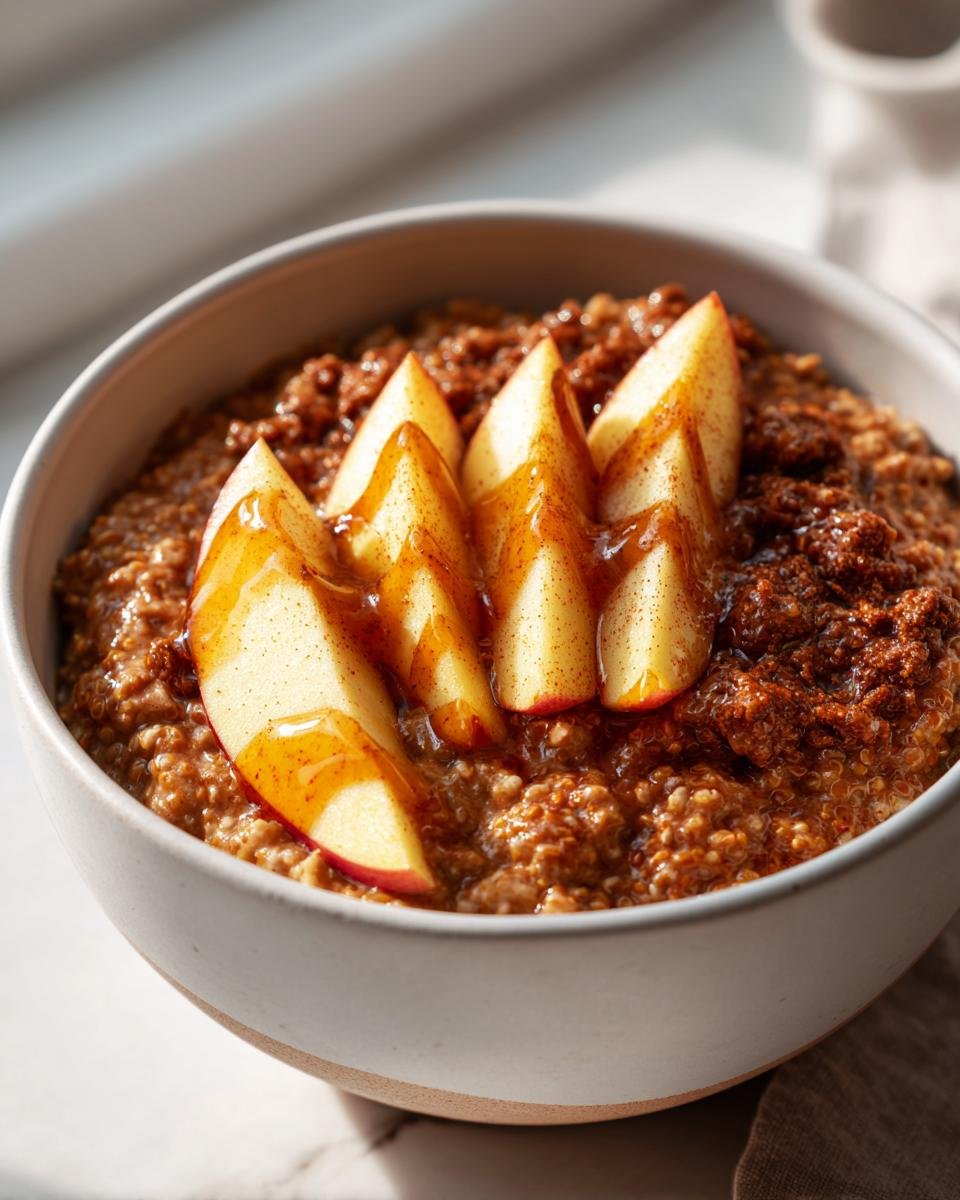 Close-up of Cinnamon Chia Oatmeal With Caramelized Apple slices drizzled with syrup in a light bowl.