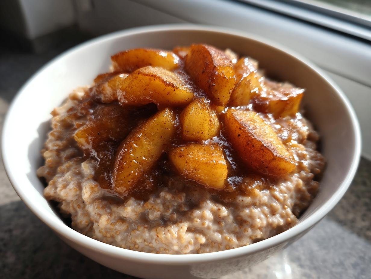Close-up of creamy Cinnamon Chia Oatmeal With Caramelized Apple slices in a white bowl.