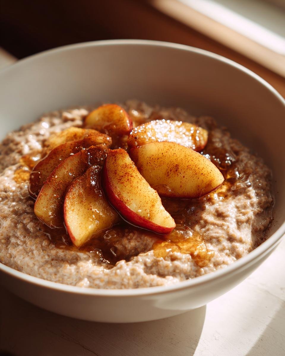 Close-up of Cinnamon Chia Oatmeal with caramelized apple slices and syrup drizzled on top.