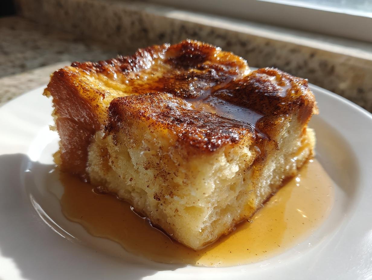 A close-up of a square serving of Cinnamon Maple French Toast Bake drizzled with syrup on a white plate.