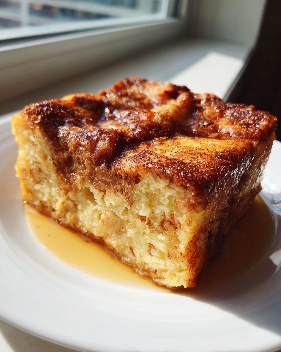 A square serving of Cinnamon Maple French Toast Bake, golden brown and soaked in syrup on a white plate.