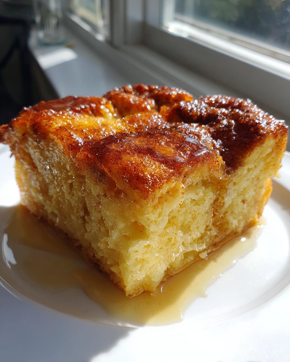 A golden slice of Cinnamon Maple French Toast Bake drizzled with syrup on a white plate.