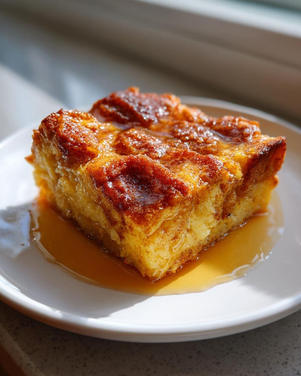 A golden brown square slice of Cinnamon Maple French Toast Bake soaking in maple syrup on a white plate.