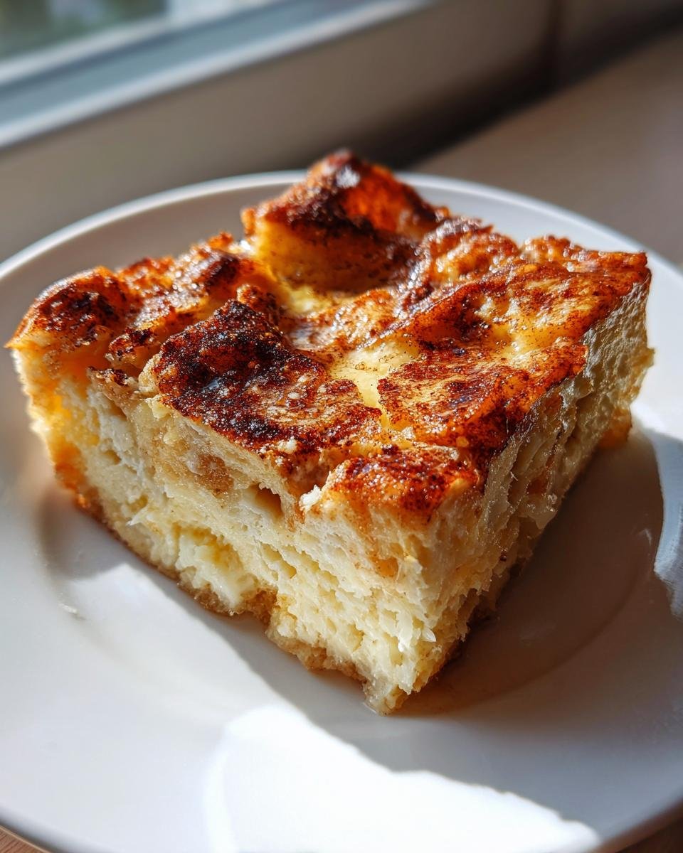 A square slice of baked French toast casserole with a golden, caramelized cinnamon top.