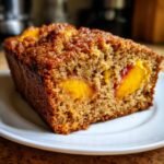 Close-up of a moist slice of Cinnamon Maple Peach Bread showing chunks of bright orange peach inside.