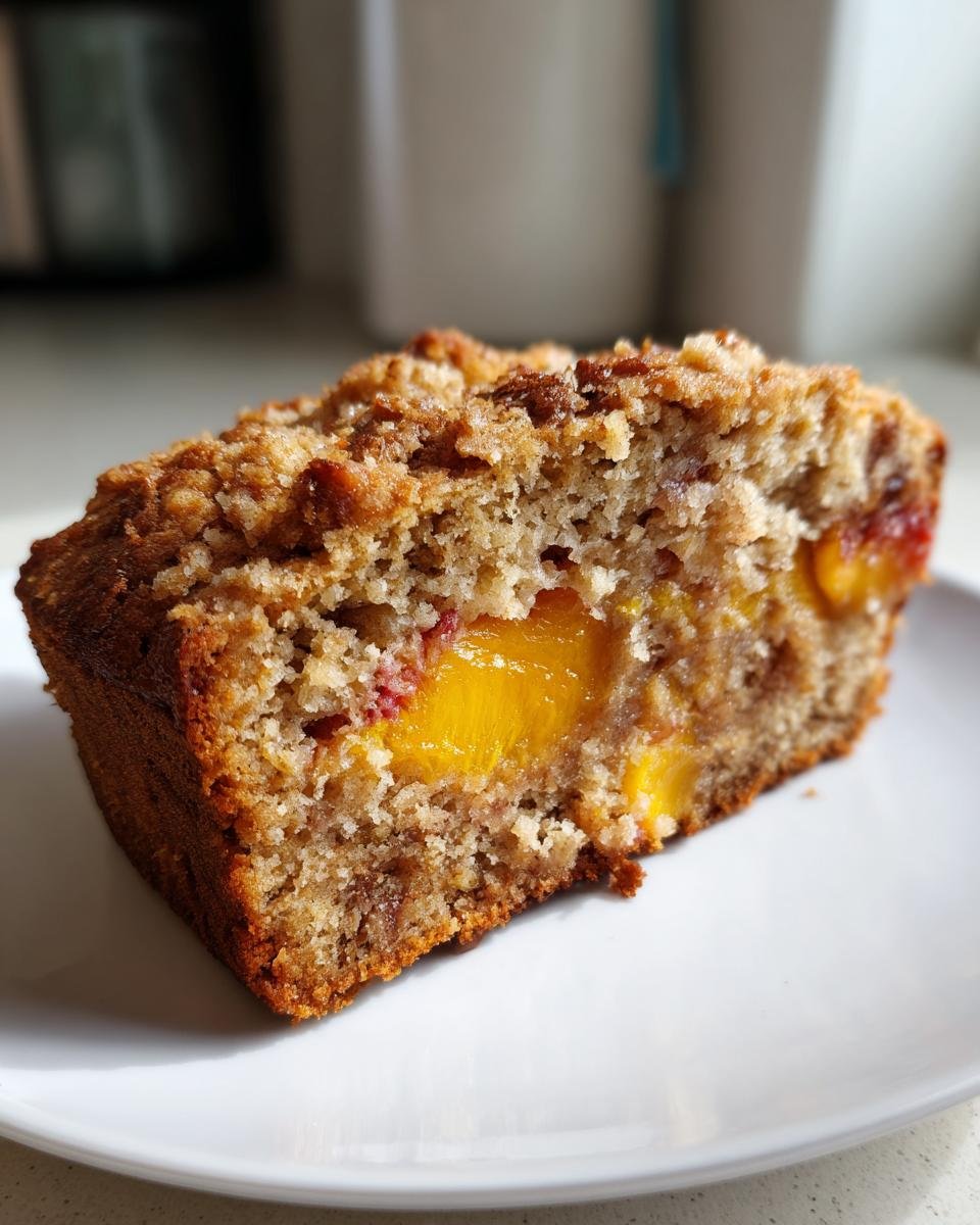 Close-up of a moist slice of Cinnamon Maple Peach Bread showing chunks of bright yellow peach and a crunchy cinnamon streusel topping.