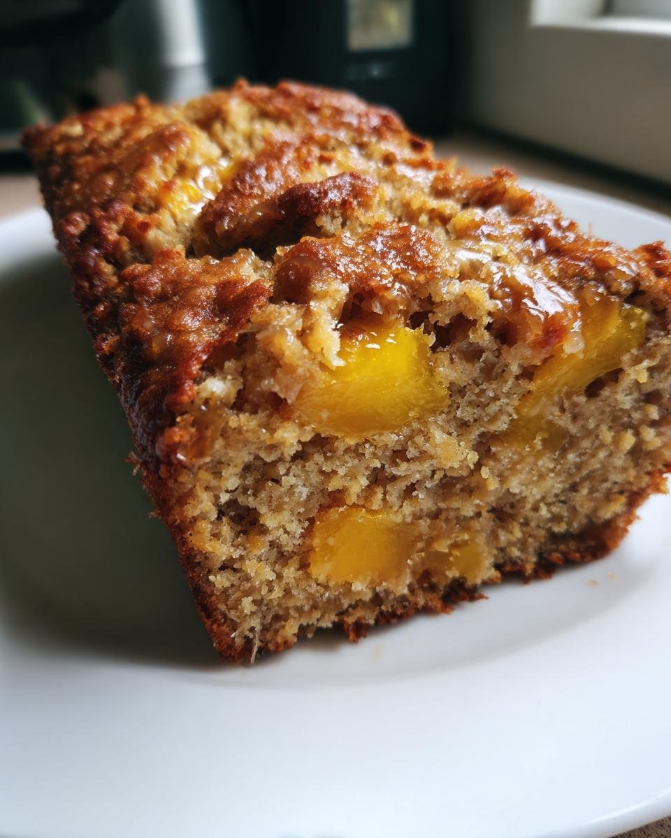 Close-up of a slice of Cinnamon Maple Peach Bread showing moist crumb and chunks of peach.