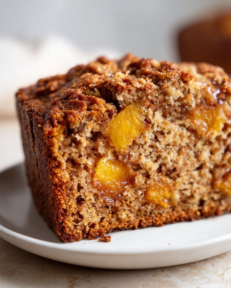 A close-up of a moist slice of Cinnamon Maple Peach Bread showing chunks of bright orange peach.