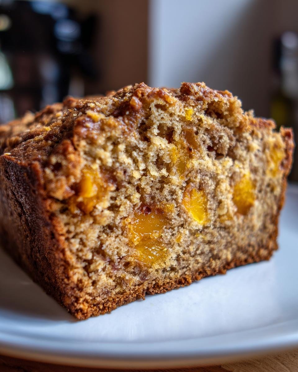A close-up view showing the moist crumb and chunks of peach inside a slice of Cinnamon Maple Peach Bread.