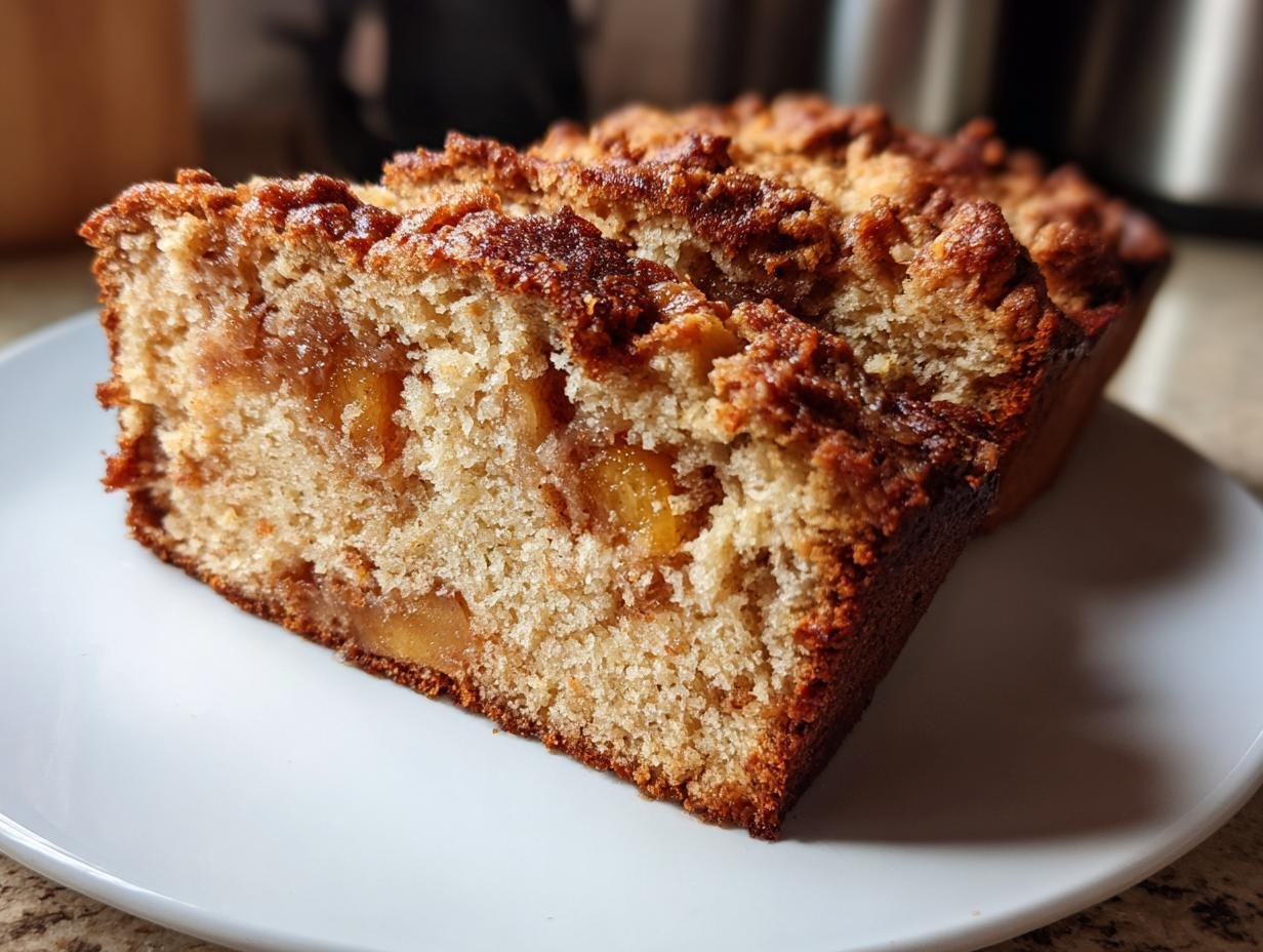 A close-up slice of moist Cinnamon Maple Peach Bread showing chunks of peach and a crunchy cinnamon topping.