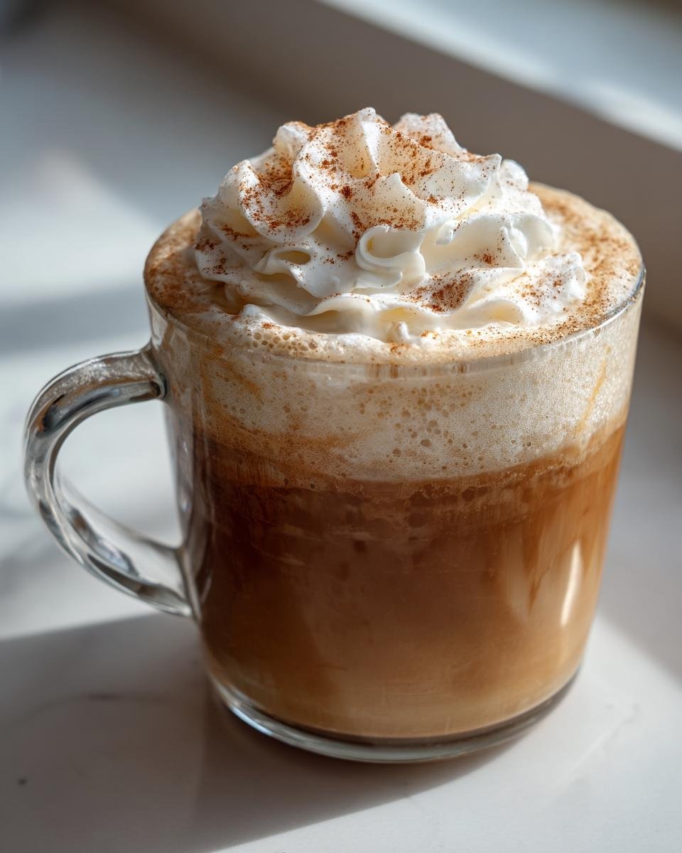 A close-up of a Cinnamon Maple Vanilla Latte topped with whipped cream and a sprinkle of cinnamon.