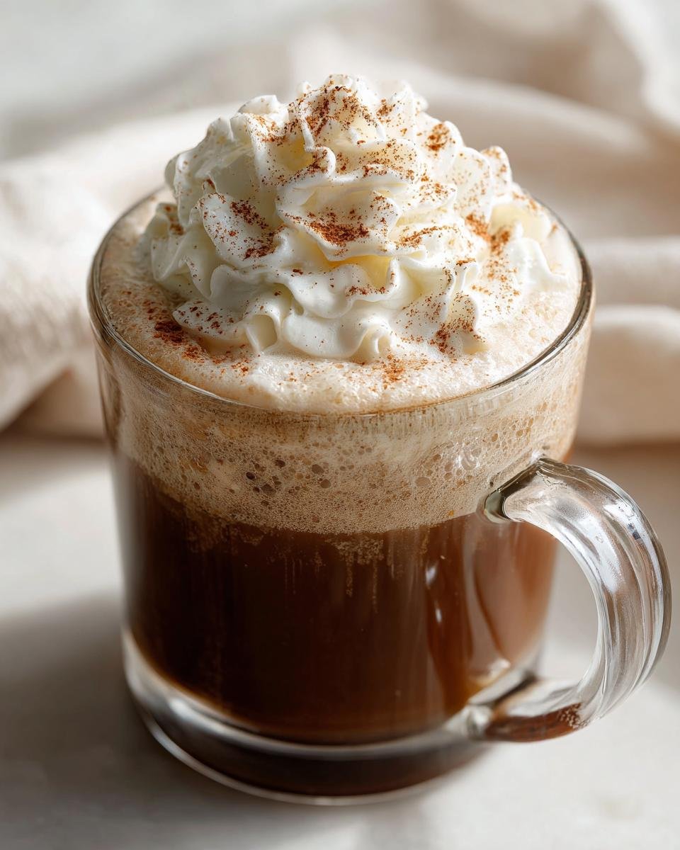 A close-up of a Cinnamon Maple Vanilla Latte topped with whipped cream and a sprinkle of cinnamon.