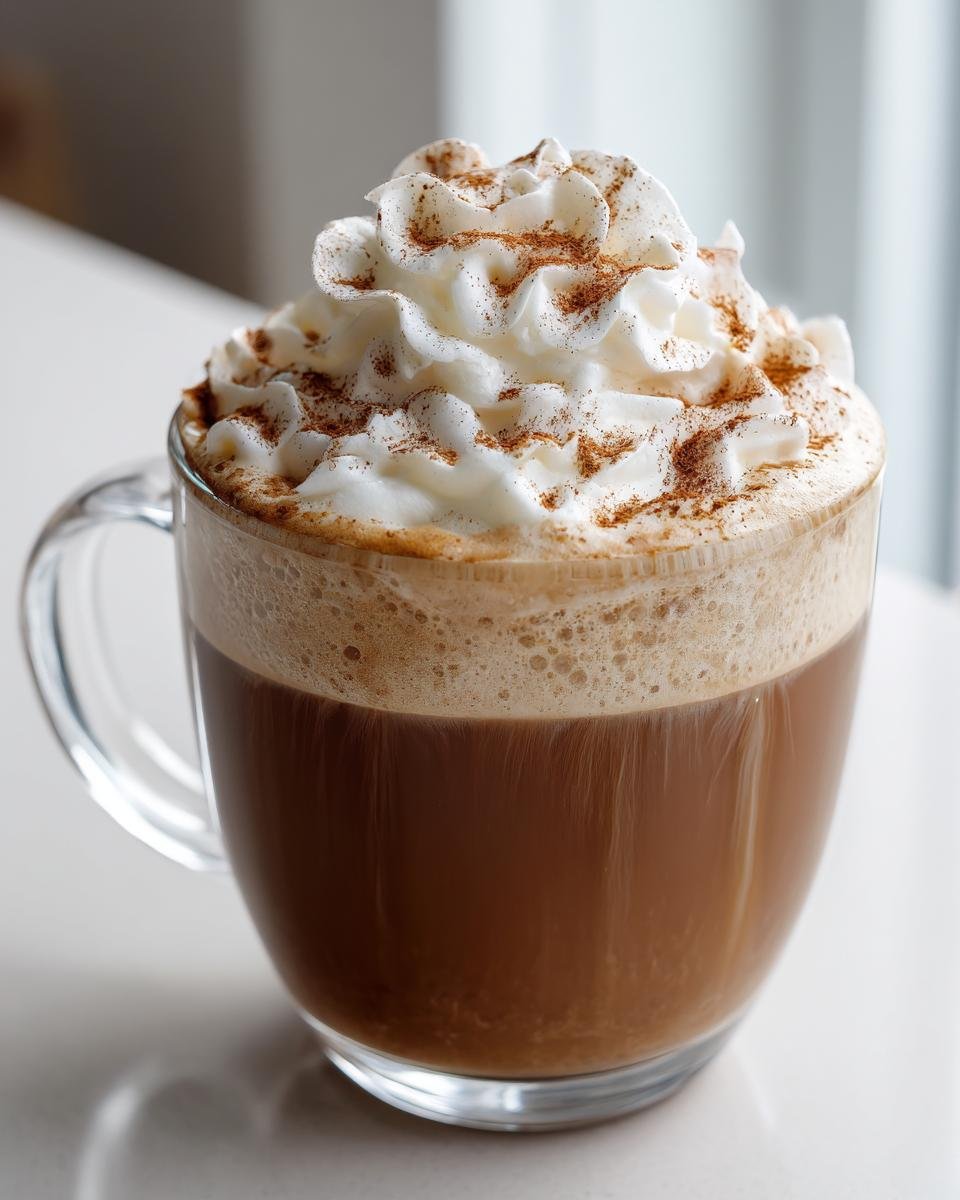 A close-up of a Cinnamon Maple Vanilla Latte topped with whipped cream and a sprinkle of cinnamon.