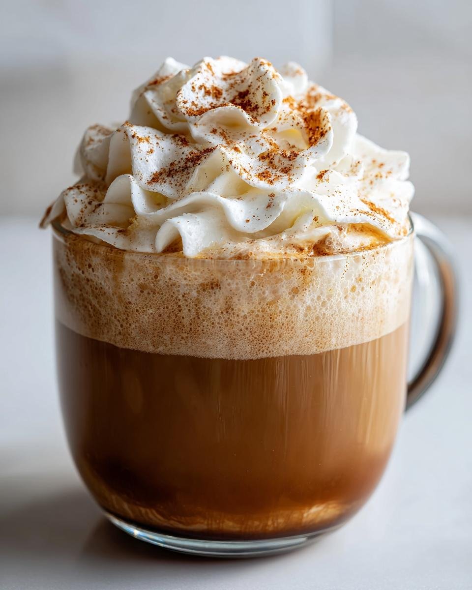 A close-up of a Cinnamon Maple Vanilla Latte topped with whipped cream and a sprinkle of cinnamon.