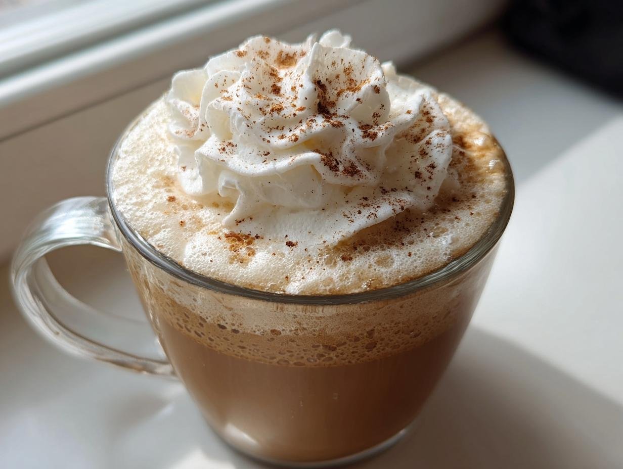 A warm Cinnamon Maple Vanilla Latte topped with whipped cream and a sprinkle of cinnamon in a clear glass mug.