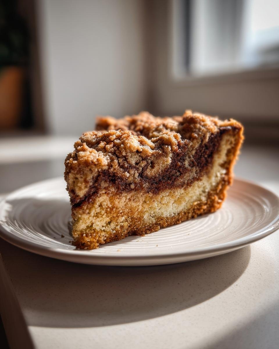 A perfect slice of Cinnamon Mocha Coffee Cake featuring a rich swirl and thick crumb topping, sitting on a white plate.