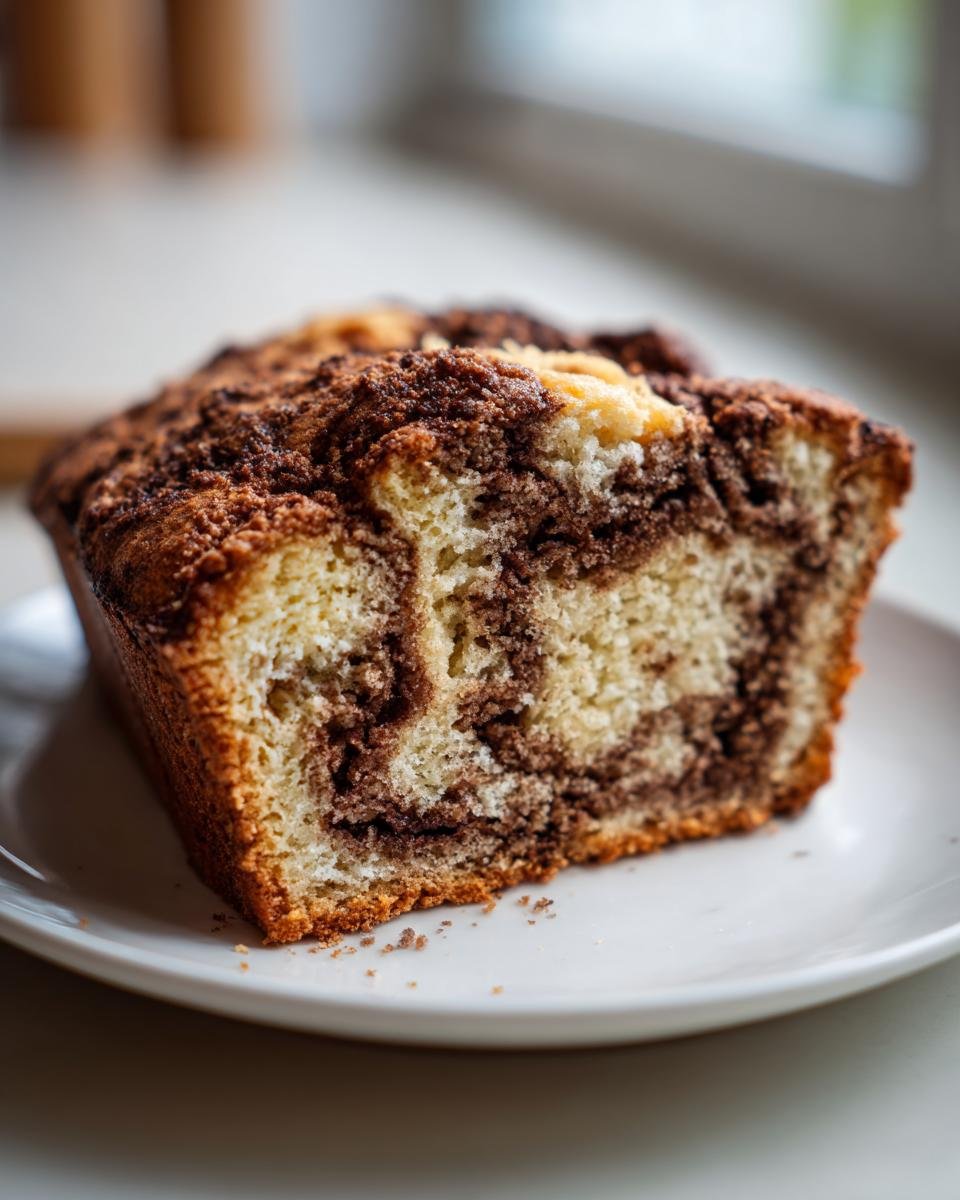 Close-up of a slice of rich Cinnamon Mocha Coffee Cake showing marbled interior and dark streusel topping.