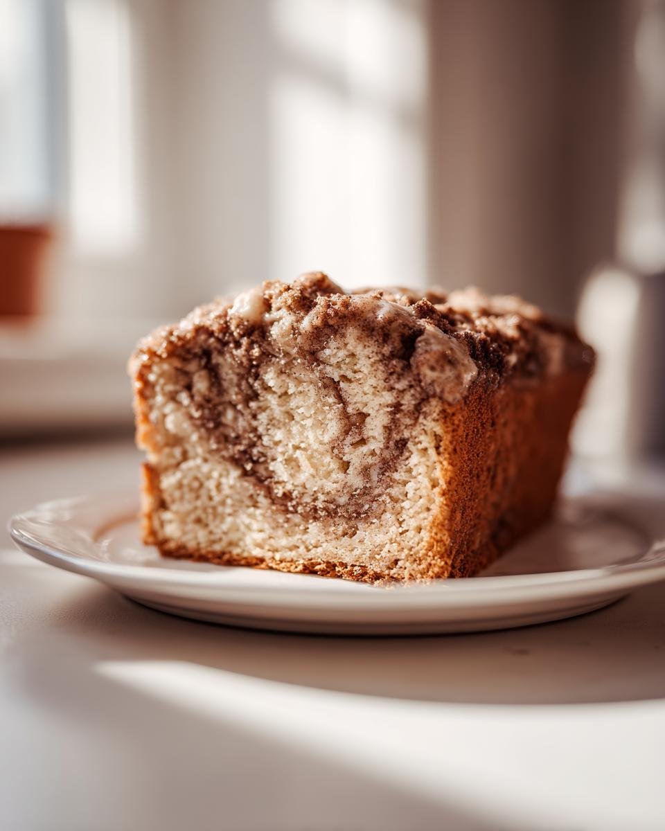 A close-up slice of Cinnamon Mocha Coffee Cake showing a marbled interior and crumbly topping on a white plate.