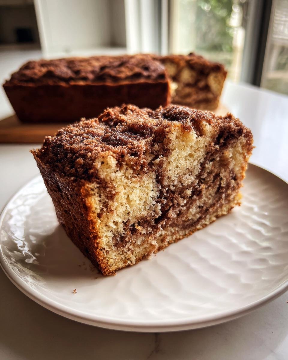 A close-up slice of Cinnamon Mocha Coffee Cake showing marbled batter and a rich, crumbly cinnamon streusel topping.