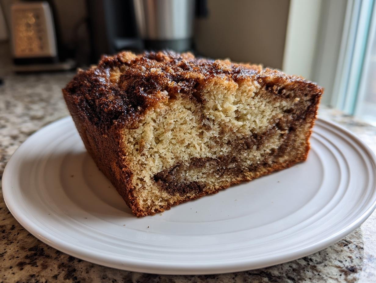 A thick slice of Cinnamon Mocha Coffee Cake showing a moist crumb, dark swirl filling, and crunchy cinnamon streusel topping.