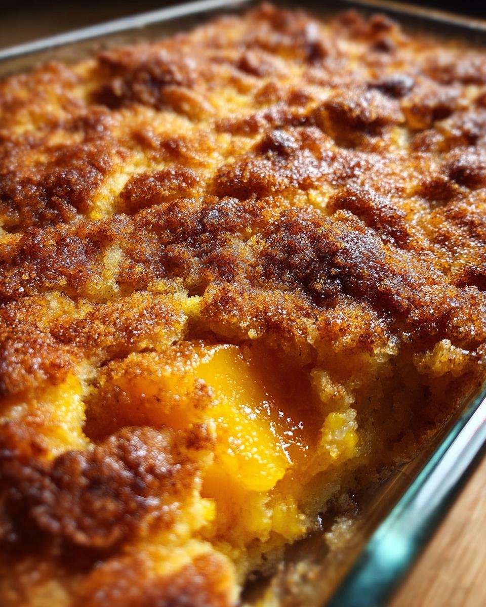 Close-up of a baked Cinnamon Sugar Peach Cobbler Dump Cake showing the golden, sugary crust and gooey peach filling.