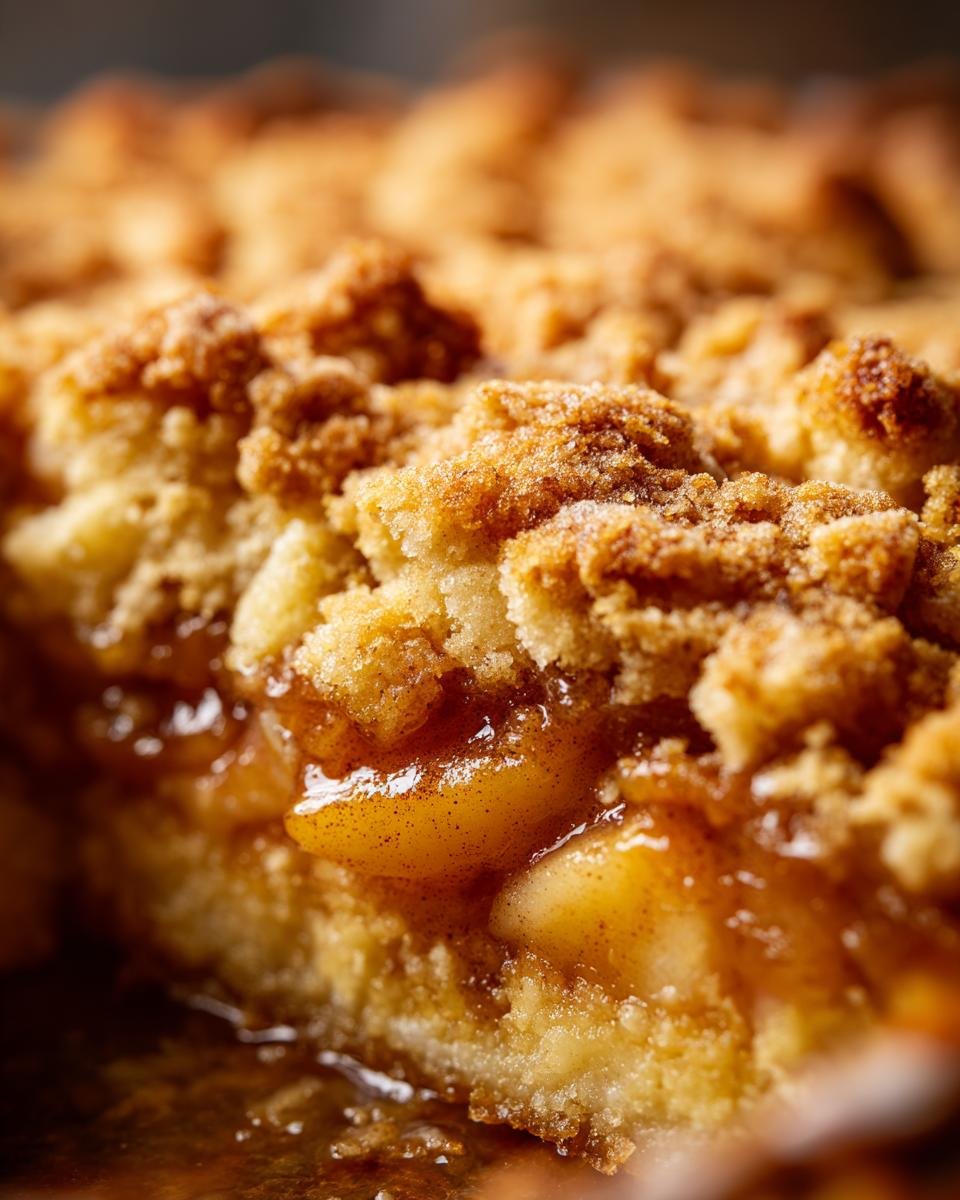 Extreme close-up of the golden, crumbly topping and gooey filling of a Cinnamon Sugar Peach Cobbler Dump Cake.