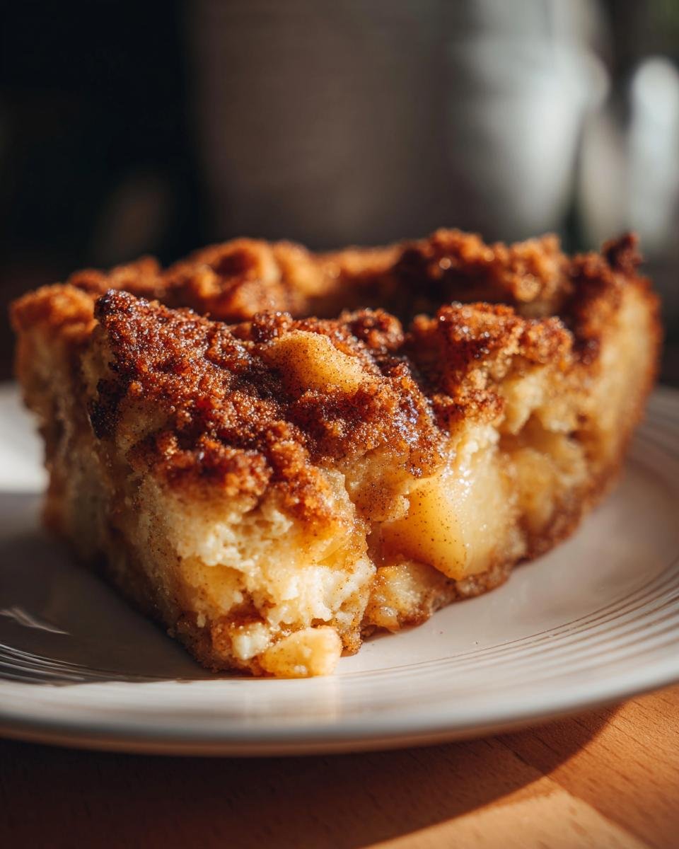 Close-up of a moist slice of Cinnamon Sugar Peach Cobbler Dump Cake with a crumbly, cinnamon-sugar topping.