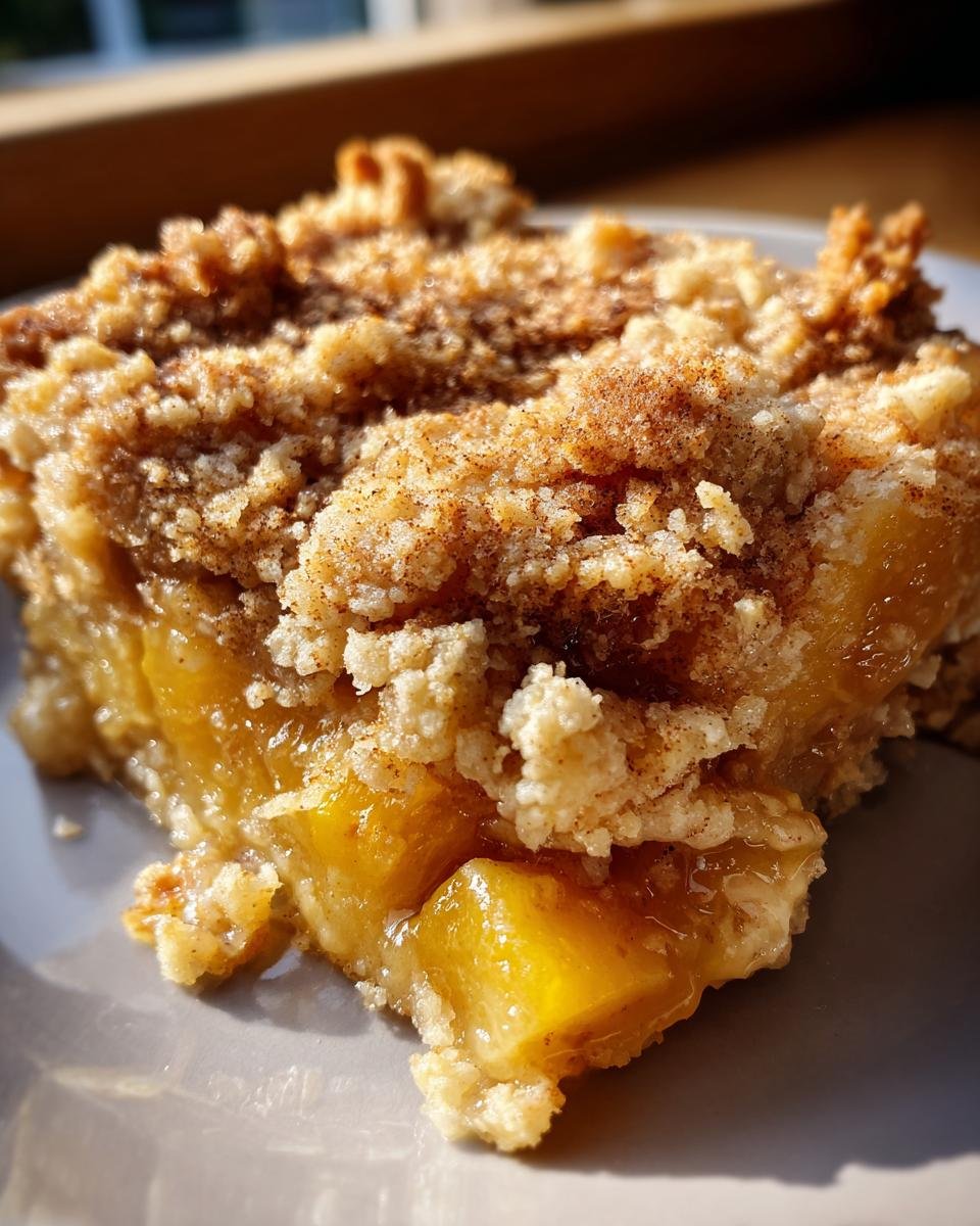 Close-up of a square serving of Cinnamon Sugar Peach Cobbler Dump Cake with gooey peaches and crumbly topping.