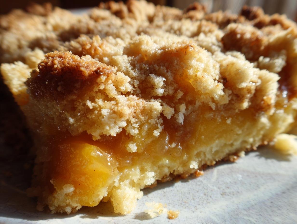 A close-up, sunlit view of a moist slice of Cinnamon Sugar Peach Cobbler Dump Cake showing the gooey peach filling and crumbly topping.