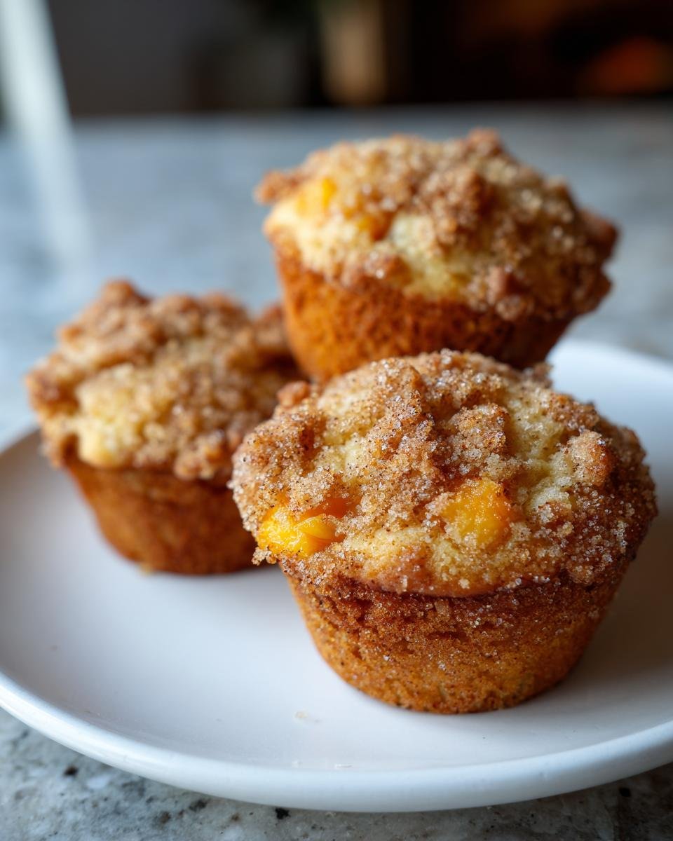 Three delicious Cinnamon Sugar Peach Cobbler Muffins piled on a white plate, with visible peach chunks and a crumb topping.