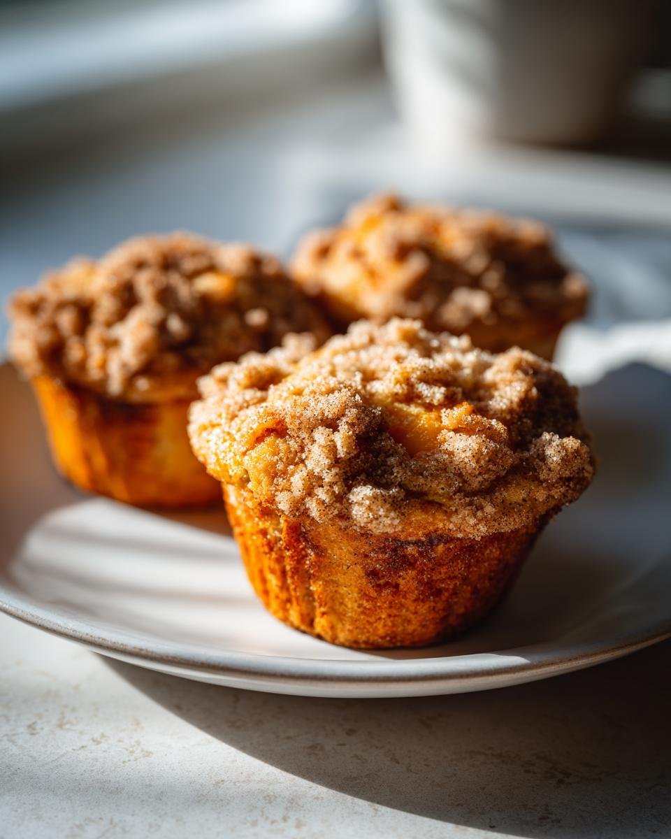 Three Cinnamon Sugar Peach Cobbler Muffins topped with a crumbly cinnamon sugar streusel on a white plate.