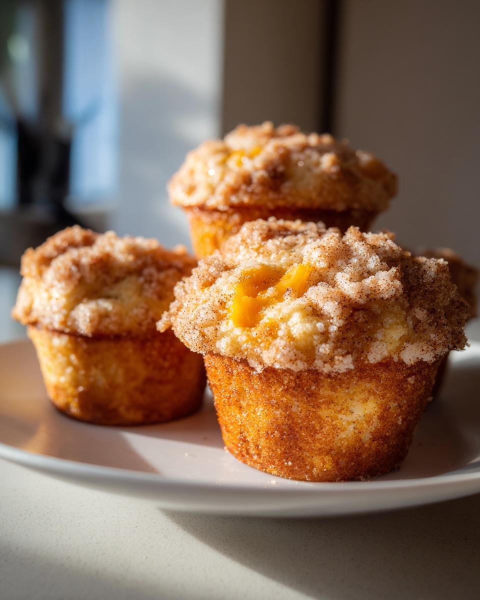 Close-up of three Cinnamon Sugar Peach Cobbler Muffins on a white plate, with a crumbly topping and visible peach chunks.
