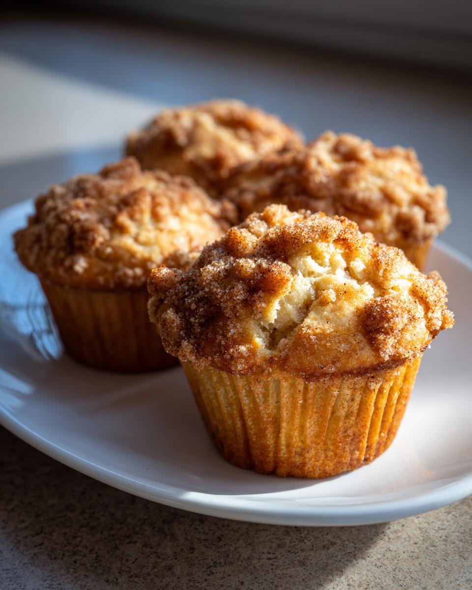 Close-up of delicious Cinnamon Sugar Peach Cobbler Muffins on a white plate, with a crumbly topping.
