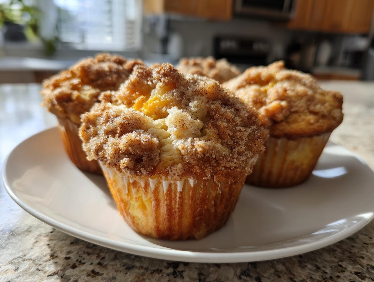 Close-up of delicious Cinnamon Sugar Peach Cobbler Muffins on a white plate, with a crumbly topping.