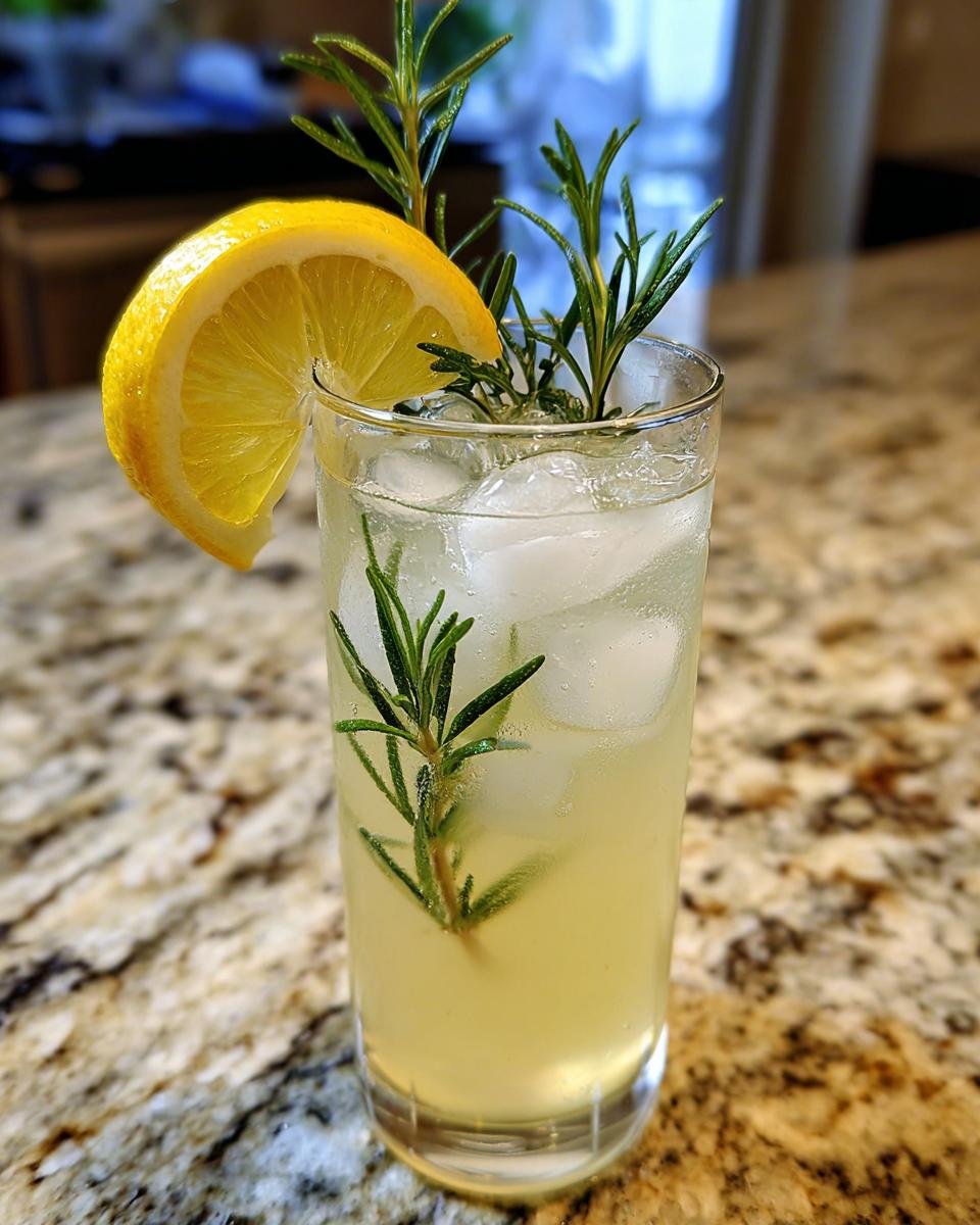 A tall glass filled with Citrus Rosemary Lemonade Mocktail, ice, and garnished with a lemon slice and rosemary sprigs.