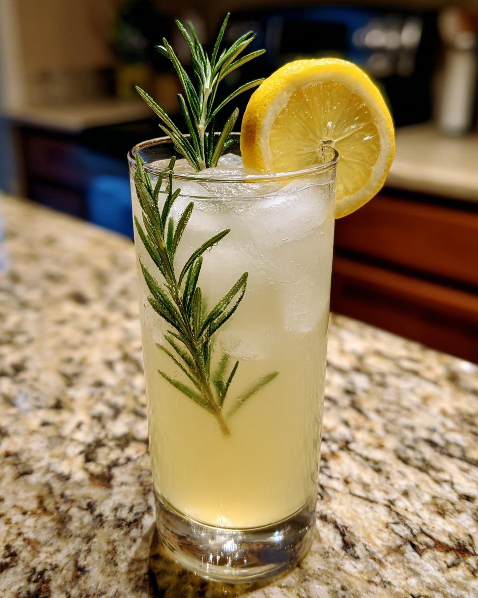 A tall glass filled with ice, Citrus Rosemary Lemonade Mocktail, garnished with a lemon slice and rosemary sprigs.