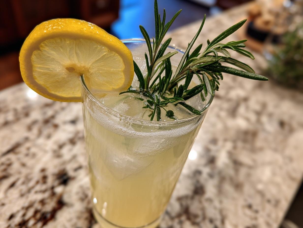 A tall glass filled with Citrus Rosemary Lemonade Mocktail, ice, a lemon slice, and fresh rosemary sprigs.