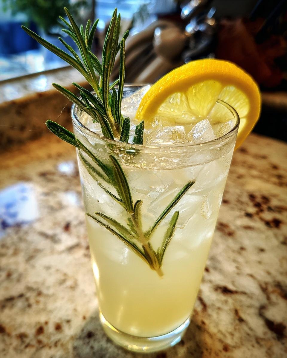 A tall glass filled with ice, Citrus Rosemary Lemonade Mocktail, garnished with a lemon slice and fresh rosemary sprigs.